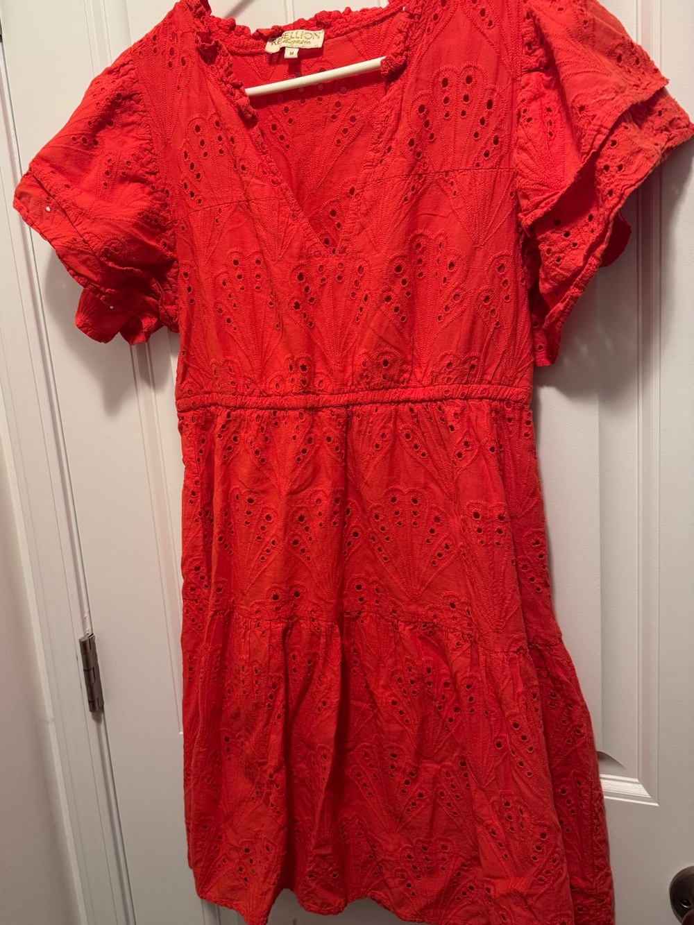 Rebellion Red Eyelet V-Neck Tiered Midi Dress